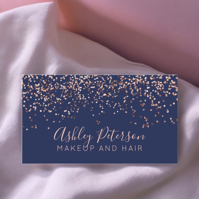 Typografi av ro guld konetti marin hårsmink visitkort (Rose gold confetti navy hair makeup typography business card)