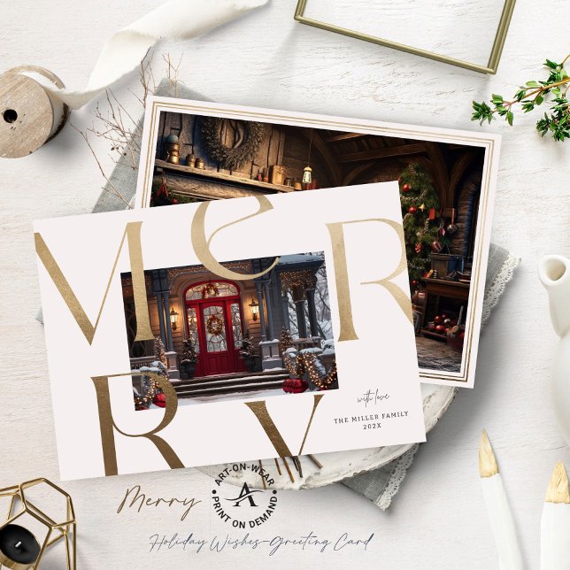 Typografi av två Anpassningsbar Foton Guld Merry E Inbjudningar (Skapare uppladdad)