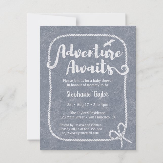 Typografi Äventyr Awaits Nautical Baby Shower Inbjudningar (Framsida)
