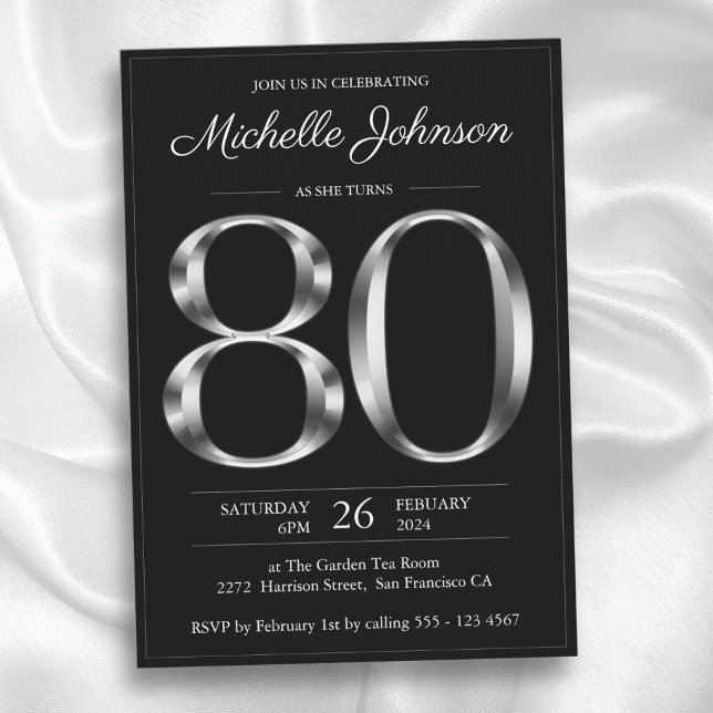 Typografi Black och 80:e födelsedagen Silver Inbjudningar (Typography Black and Silver 80th Birthday Invitation)