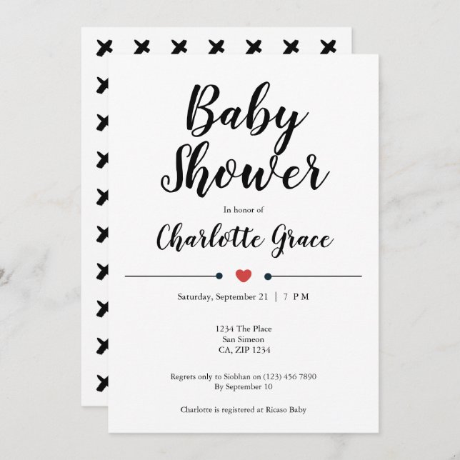 Typografi Black White Baby Shower Heart Kisses Inbjudningar (Fram/baksida)