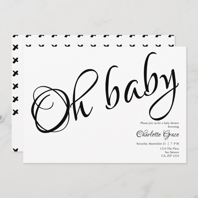 Typografi Black White Oh Baby Shower Heart Kisses Inbjudningar (Fram/baksida)
