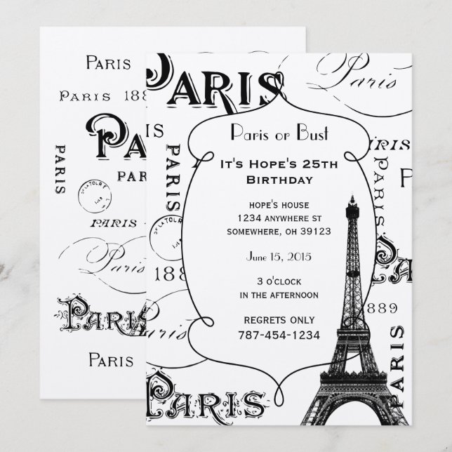 Typografi Calligraphy Paris Frankrike Eiffel Torn Inbjudningar (Fram/baksida)