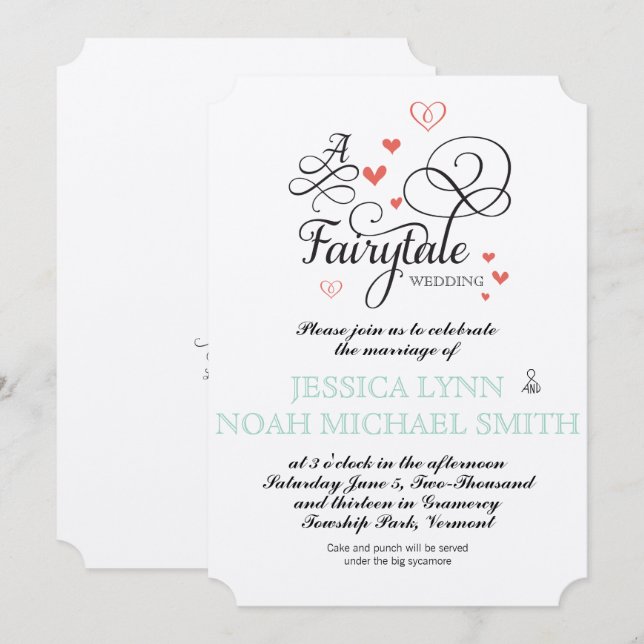 Typografi Citat Mint och Korall Sagobryllop Inbjudningar (Fram/baksida)