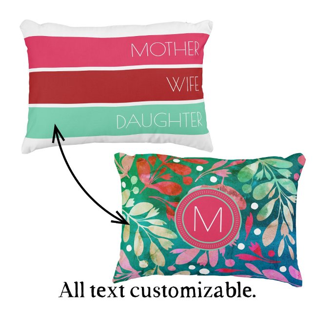 Typografi för det moderna Mors dag-Trendiget Prydnadskudde (Customizable Mother's Day pillow in pink, red, and mint. Personalize with initial and text.)