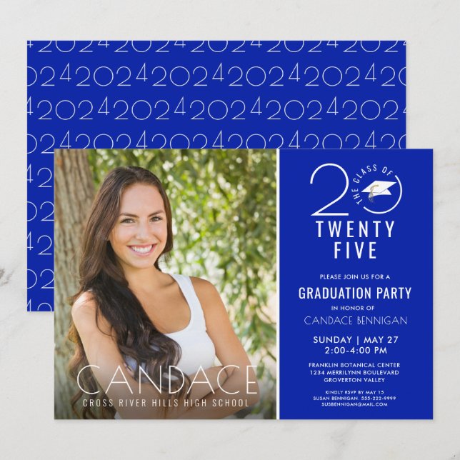 Typografi Grad Cap-Royalet Blue Inbjudningar (Fram/baksida)