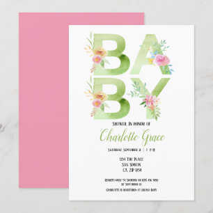 Typografi Grönt Text Rosa Flowers Baby Shower Inbjudningar