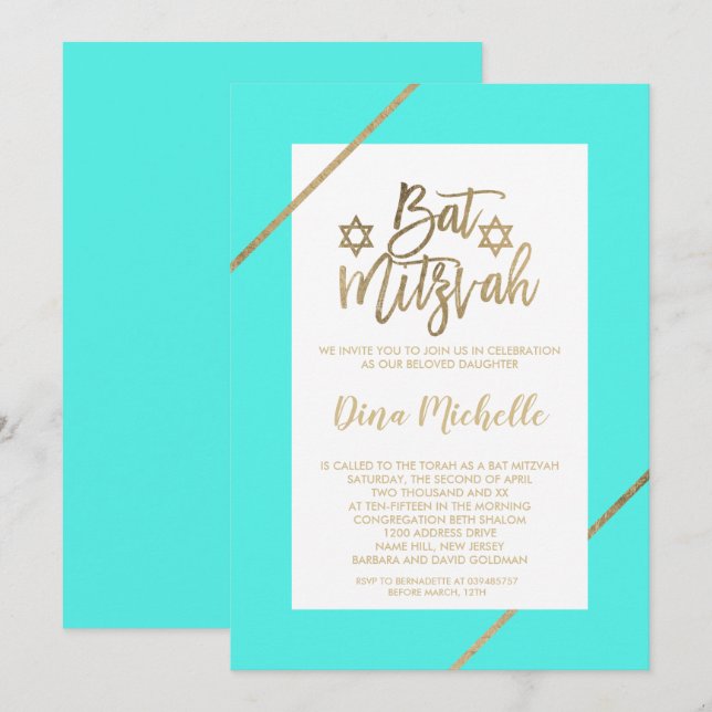 Typografi guld blommigt löv aqua chic Bat mitzvah Inbjudningar (Fram/baksida)