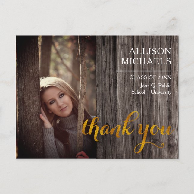 Typografi Guld | Trä 2023 Studenten Tack Vykort (Framsida)