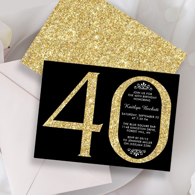 Typografi i elegant Guld Glitter 40:e födelsedagen Inbjudningar (Skapare uppladdad)