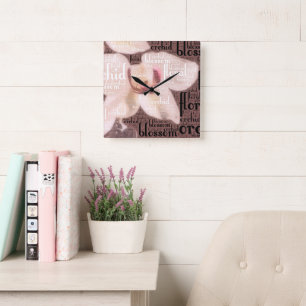 Typografi inbäddad Orchid, blommigt, blommarfoto Fyrkantig Klocka