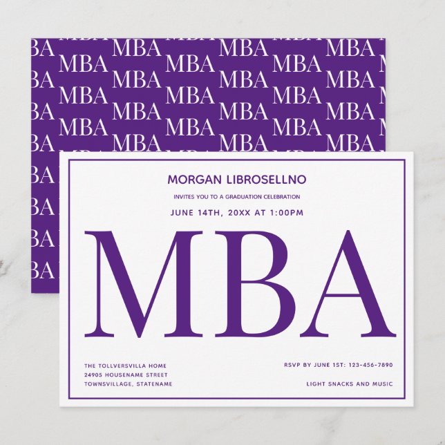 Typografi Lila White MBA Studentfest Inbjudningar (Fram/baksida)