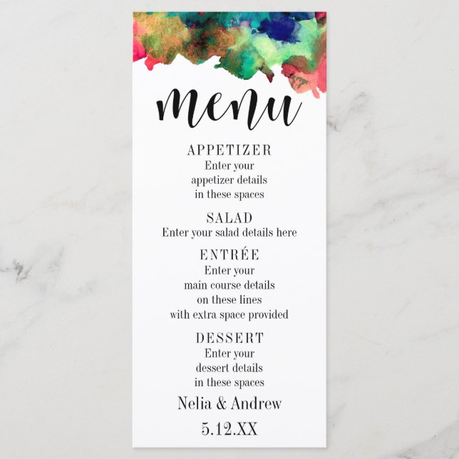 Typografi med färgrik akvarell meny för bröllop (Framsida)