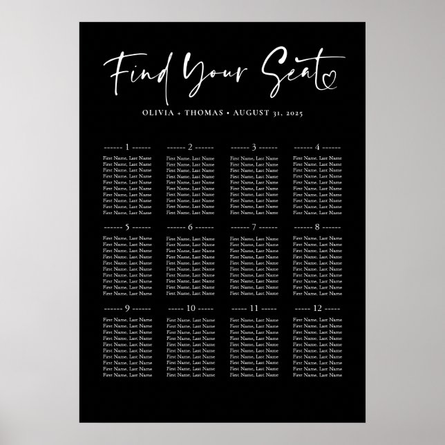 Typografi Modern Black Bröllop-sätesdiagram Poster (Framsidan)