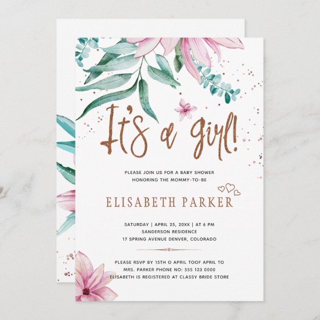 Typografi modern det är en blommigt barndusch. inbjudningar (Fram/baksida)