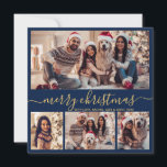 Typografi Modern Navy 5 Photo Collage jul Julkort<br><div class="desc">Modern Minimalistisk Elegant Calligraphy Navy och Guld 5 Photo Collage God jul Calligraphy Script Helgdag Card. Den här festila, imalistiska, vismatiska helgdag-kortmallen har söt fyra (4) fotokollage på framsidan, 1 bild på baksidan och texten "God jul" hälsning, som är skriven i ett vackert handskriftsformat som snabbt byter svan-typsnitt i guld...</div>