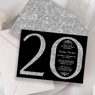 Typografi över elegant Glitter 20:e födelsedag i S Inbjudningar