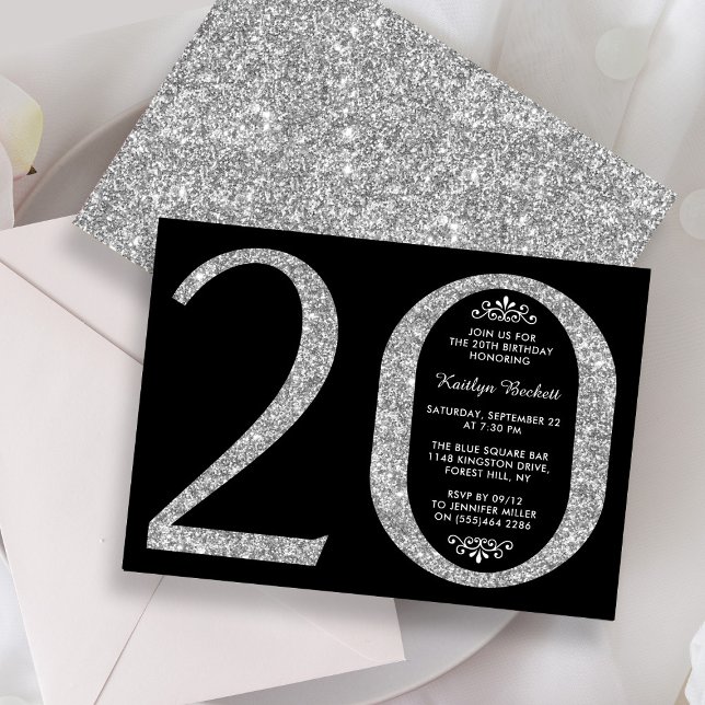 Typografi över elegant Glitter 20:e födelsedag i S Inbjudningar (Skapare uppladdad)
