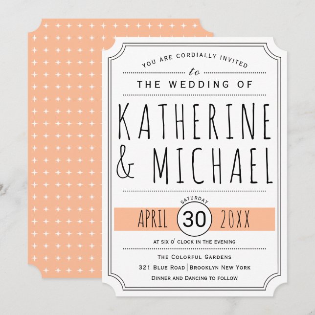Typografi persikor inverterade hörn bröllop inbjudningar (Fram/baksida)