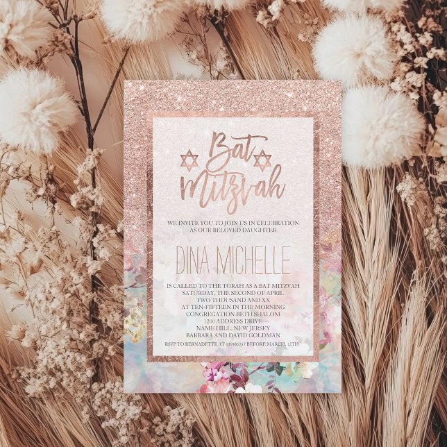 Typografi ro guld blommigt vattenfärg Bat mitzvah Inbjudningar (Typography rose gold floral watercolor Bat Mitzvah Invitation)