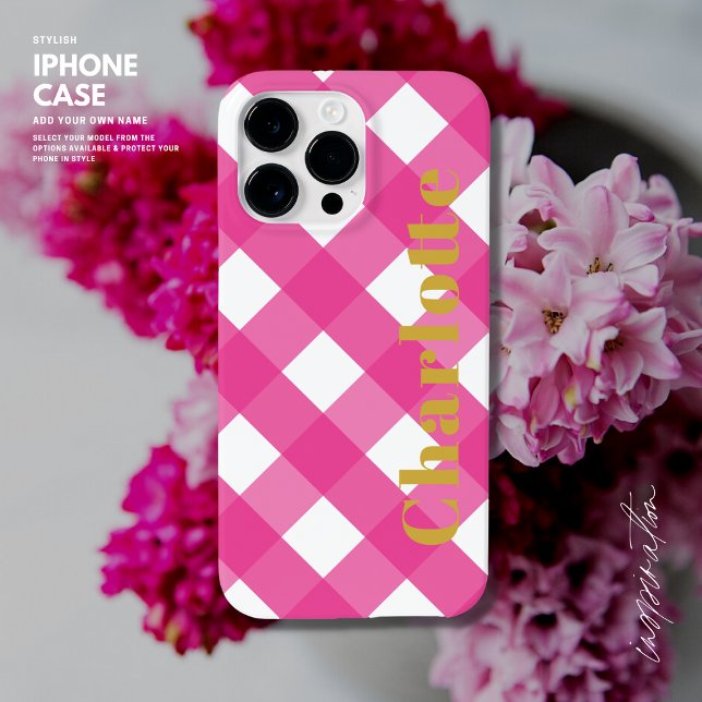 Typografi Rosa Gingham iphone case med Namn (Skapare uppladdad)