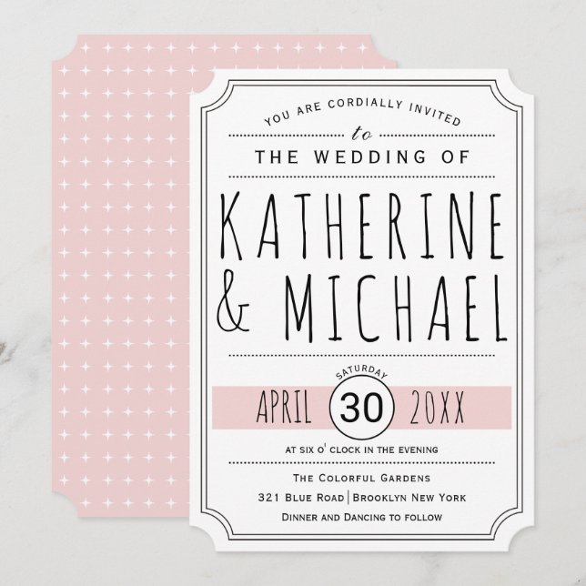 Typografi  rosa inverterade hörn bröllop inbjudningar (Fram/baksida)