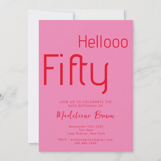 Typografi Rosa Red Modern 50:e födelsedagen Inbjudningar (Framsida)