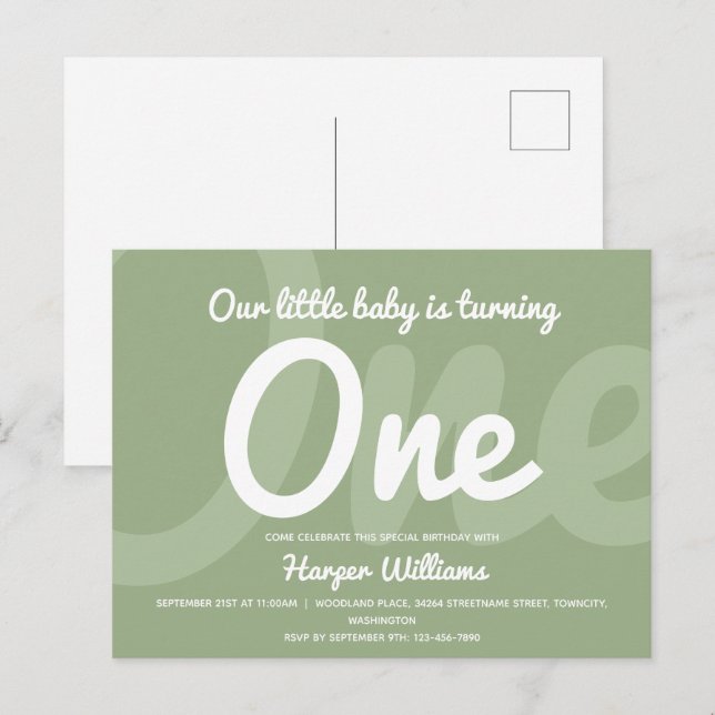 Typografi Sage One Baby första födelsedag Inbjudan Vykort (Fram/baksida)