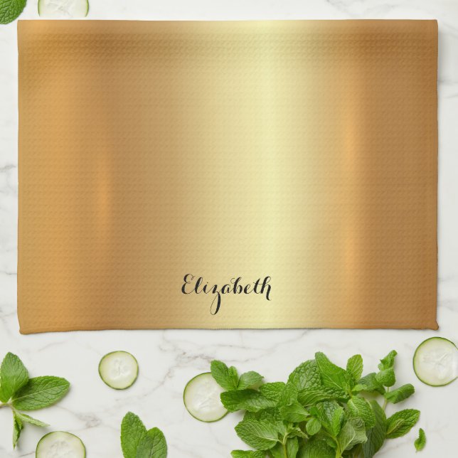 Typografi Skriptnamn Elegant Svart Och Guld Kökshandduk (Vikta)