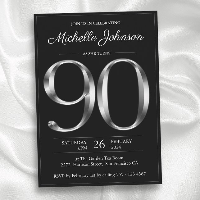 Typografi Svart och Silver 90:e födelsedag Inbjudningar (Typography Black and Silver 90th Birthday Invitation)