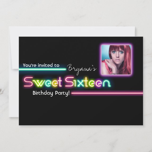 Typografi SVEET 16 Neonglöd FOTO Party Inbjudan (Framsida)