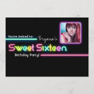 Typografi SWEET 16 Neon Glow FOTO Festinbjudan Inbjudningar