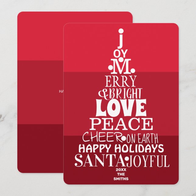 Typografi Träd White på Berry Red Modern Julkort (Fram/baksida)