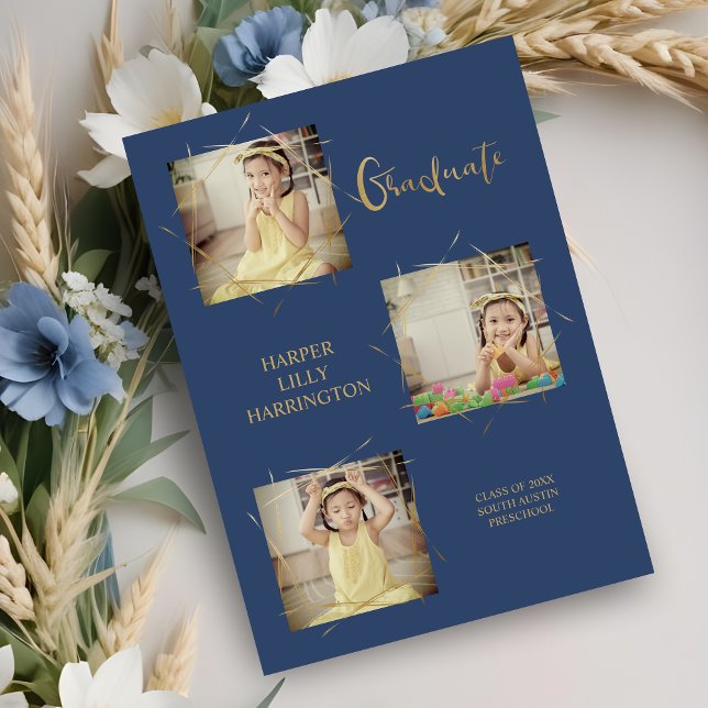 Typografi - tre foton före K Grad-meddelande (Calligraphy Three Photos Collage Pre-K Graduate Announcement Card in Blue. )