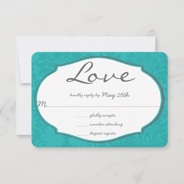 Typografi Turcos Blue Damask Wedding OSA Kort (Framsida)