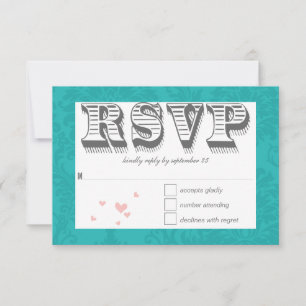 Typografi turkos och Rosa Damask Wedding OSA Kort
