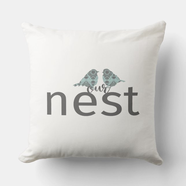 Typografi "Vårt bo" Grått och blå Love birds Kudde (Framsida)