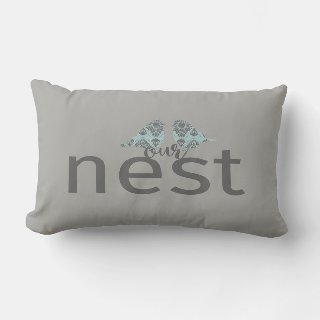 Typografi "Vårt bo" Grått och blå Love birds Lumbarkudde (Framsida)