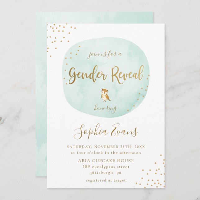 Typografi Watercolor Gender Reveal Grönt Guld Inbjudningar (Fram/baksida)