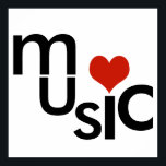 typografisk musikdesign poster<br><div class="desc">Ord "musik" med rött hjärta (i kärlek musik)</div>