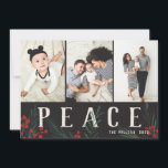 Typografiska botanicals 3 Photo Collage Peace Julkort<br><div class="desc">Helt och hållet anpassade på alla sätt som är möjligt, denna nya helgdag innehåller våra ursprungliga handmålade vinterbär och bladverk. Det djärva moderna hälsning som är sammanflätat mellan teckningarna gör ett typiskt påstående som utmärker sig. Den här samlingen innehåller fotoalternativ och samlingsalternativ för många som passar dina fotoinställningar. Kortets baksida...</div>