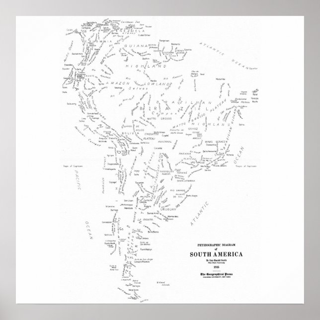 Typografiska Karta i Sydamerika Poster (Framsidan)