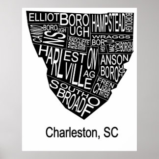 Typographic Map of Charleston Negative Poster