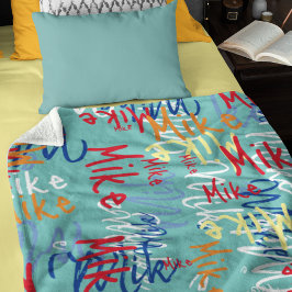 Typography Graffiti Namn allover teal blue Fleecefilt