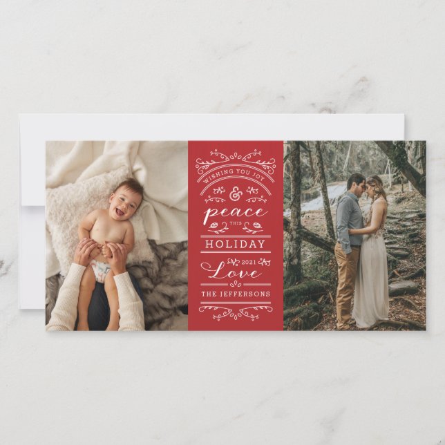 Typography Red Joy och Peace this Helgdag Photo Julkort (Framsida)