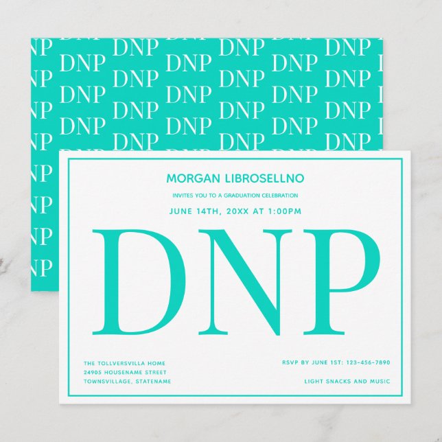 Typography Teal White DNP-Studentfest Inbjudningar (Fram/baksida)