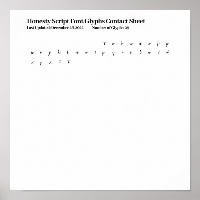 Typsnittsglyfer för Honesty Script kontaktsida Poster (Framsidan)
