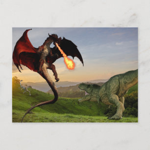 Tyrannosaurier Vs Röd Eldandande Drakstrid Vykort