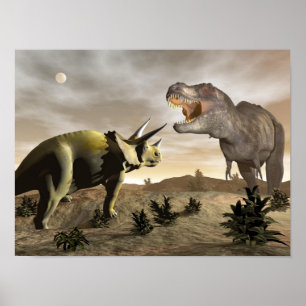 Tyrannosaurus groaring vid triceratops - 3D-render Poster