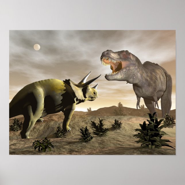 Tyrannosaurus groaring vid triceratops - 3D-render Poster (Framsidan)